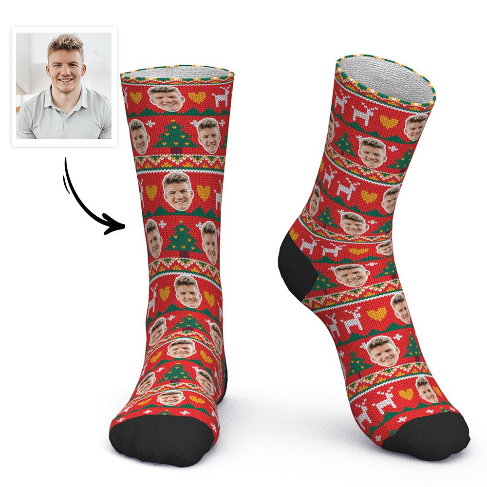 Chaussettes Visage Personnalisées Chaussettes Photo Personnalisées Cadeau De Noël Chaussettes De Père Noël Arbre De Noël - Chaussette Rouge - MaPhotocaleconFr