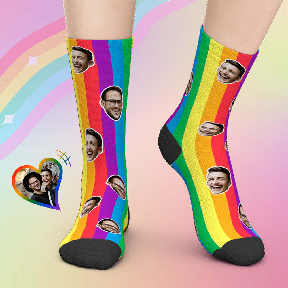 Cadeaux Lgbt, Chaussettes Personnalisées Pour Le Visage Ajouter Des Images - Rayures Colorées Arc-en-ciel Lgbt - MaPhotocaleconFr