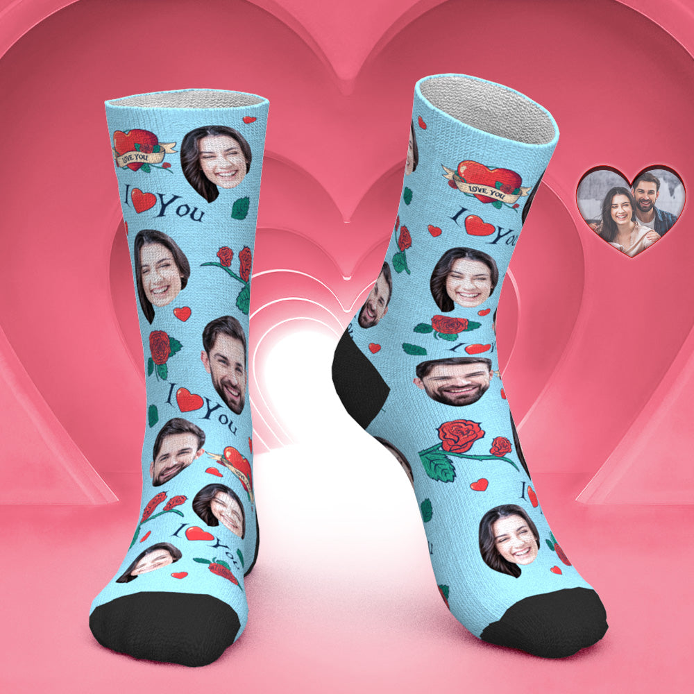 Chaussettes Visage Personnalisées Chaussettes Photo Personnalisées Cadeau De Saint Valentin Pour Elle - Fleur De Rose - MaPhotocaleconFr