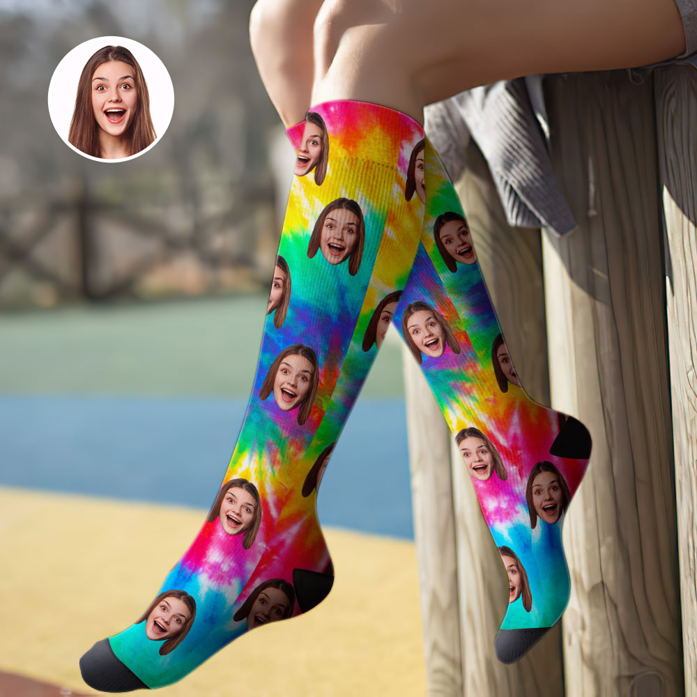 Chaussettes Hautes Personnalisées Pour Le Visage, Chaussettes D'été - Tie Dye - MaPhotocaleconFr