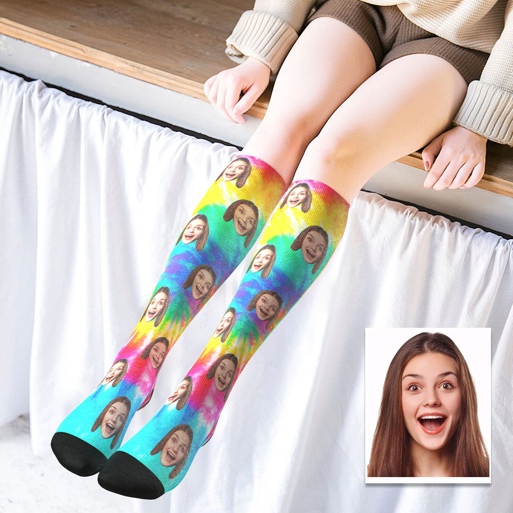 Chaussettes Hautes Personnalisées Pour Le Visage, Chaussettes D'été - Tie Dye - MaPhotocaleconFr