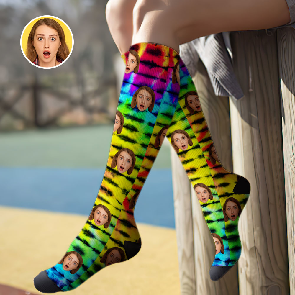 Chaussettes Hautes Personnalisées Pour Le Visage, Chaussettes D'été - Rainbow Tie Dye - MaPhotocaleconFr