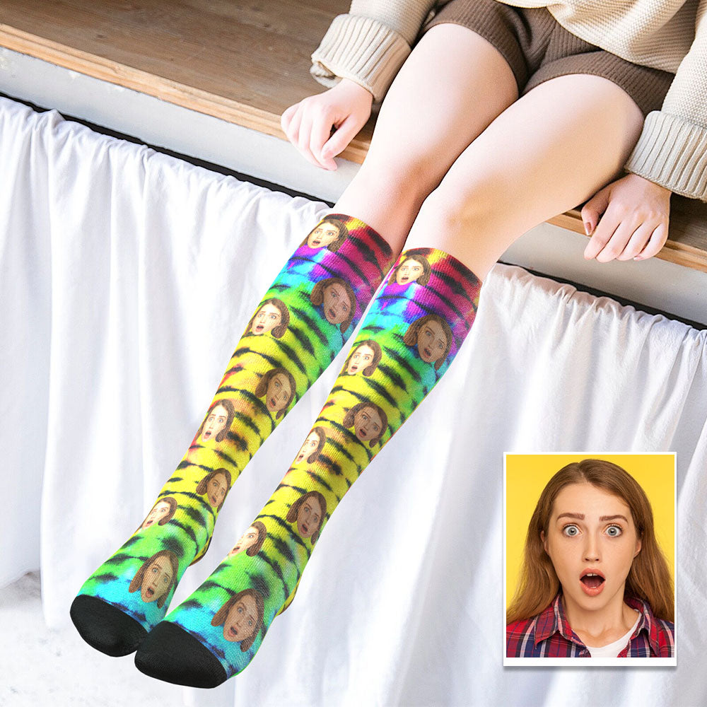 Chaussettes Hautes Personnalisées Pour Le Visage, Chaussettes D'été - Rainbow Tie Dye - MaPhotocaleconFr