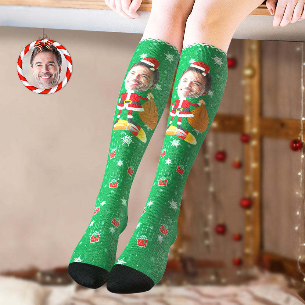 Chaussettes Hautes Personnalisées Aux Genoux, Chaussettes De Noël Personnalisées À Grand Visage, Père Noël - MaPhotocaleconFr