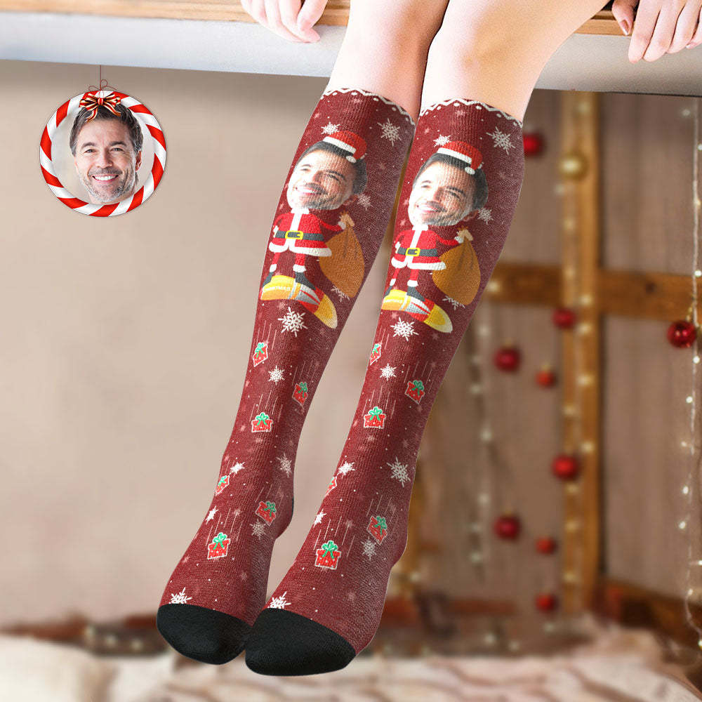 Chaussettes Hautes Personnalisées Aux Genoux, Chaussettes De Noël Personnalisées À Grand Visage, Père Noël - MaPhotocaleconFr