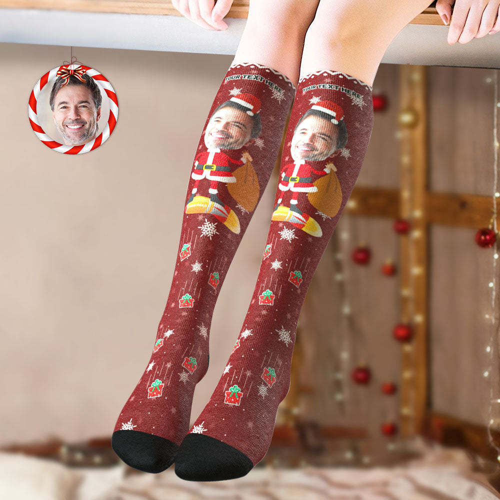 Chaussettes Hautes Personnalisées Aux Genoux, Chaussettes De Noël Personnalisées À Grand Visage, Père Noël - MaPhotocaleconFr