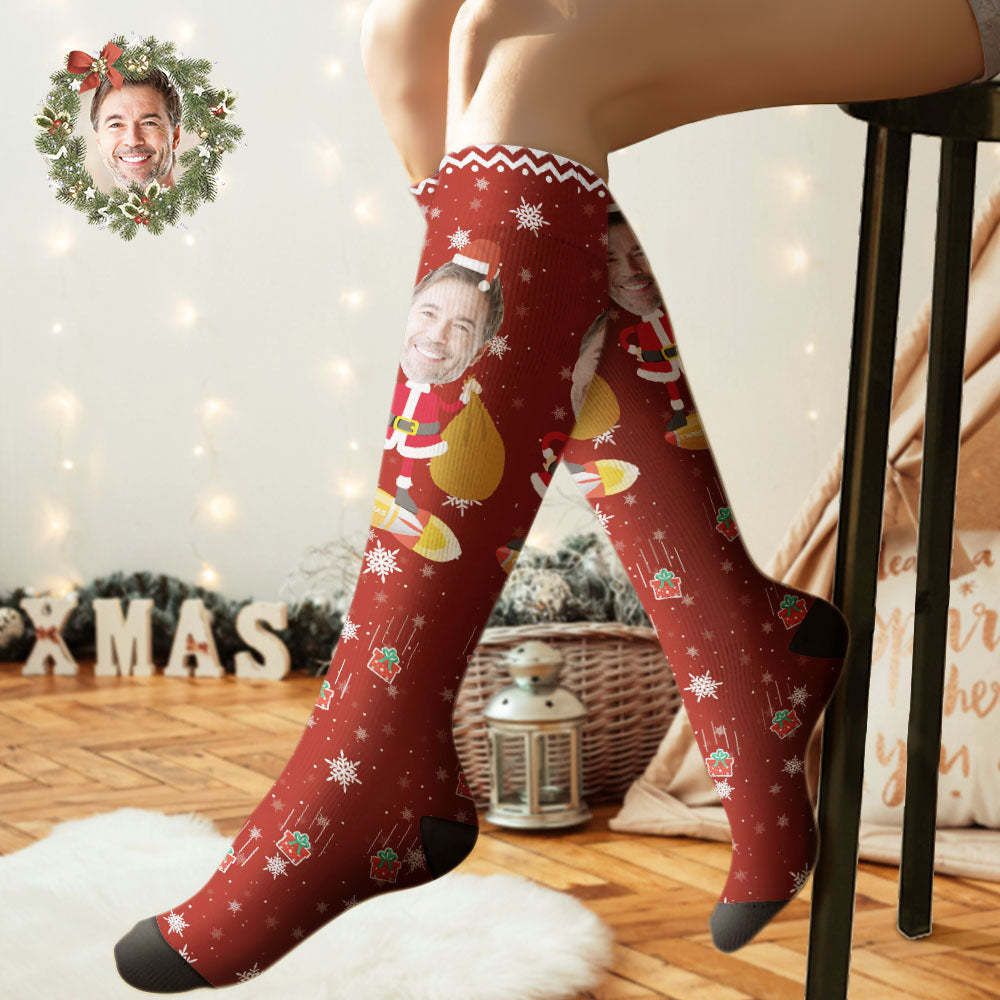 Chaussettes Hautes Personnalisées Aux Genoux, Chaussettes De Noël Personnalisées À Grand Visage, Père Noël - MaPhotocaleconFr