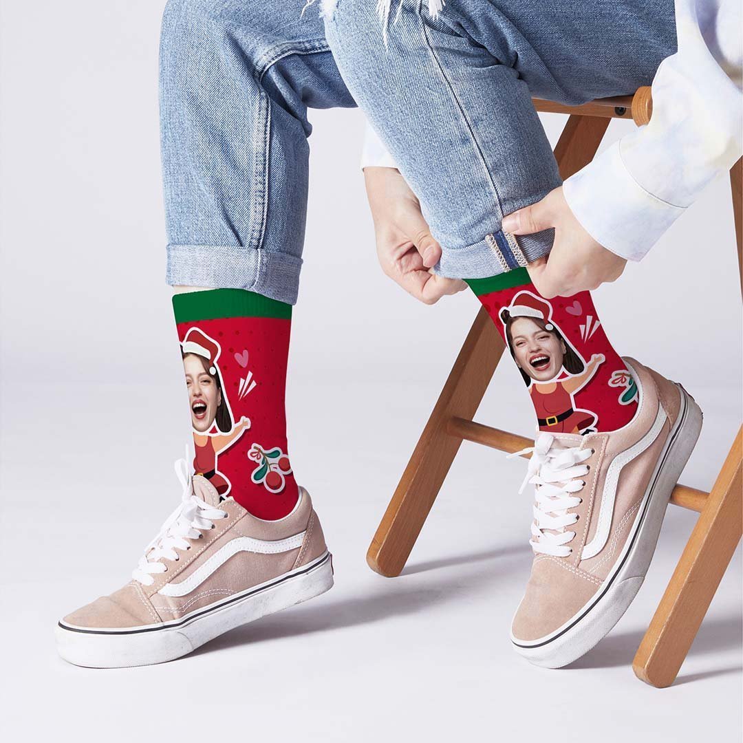 Chaussettes De Noël Personnalisées Avec Visage Sur Le Corps De La Femme Du Père Noël - MaPhotocaleconFr