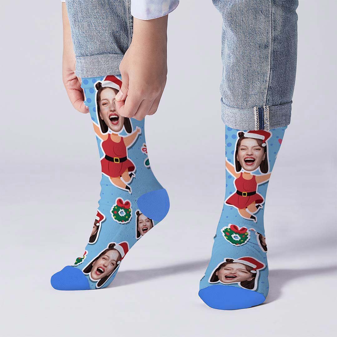 Chaussettes De Noël Personnalisées Avec Visage Sur Le Corps Du Père Noël - MaPhotocaleconFr