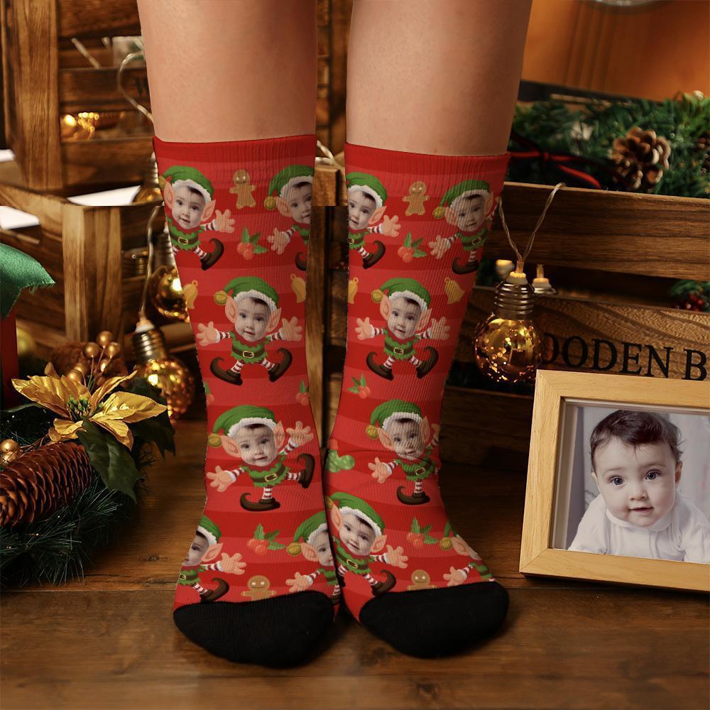 Cadeaux De Noël Personnalisés Avec Photo Chaussettes Elfes À Rayures Rouges - MaPhotocaleconFr