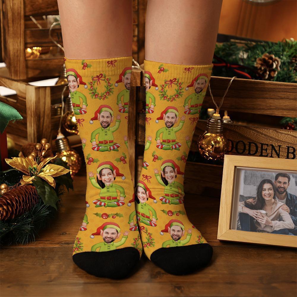 Chaussettes Elfes Jaunes Avec Photo Personnalisée, Cadeau De Noël - MaPhotocaleconFr