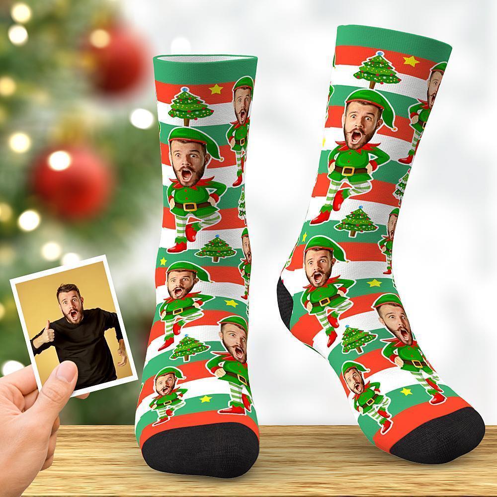 Chaussettes Elfiques Avec Barre De Couleur Photo Personnalisée Avec Visage Drôle D'arbre - MaPhotocaleconFr