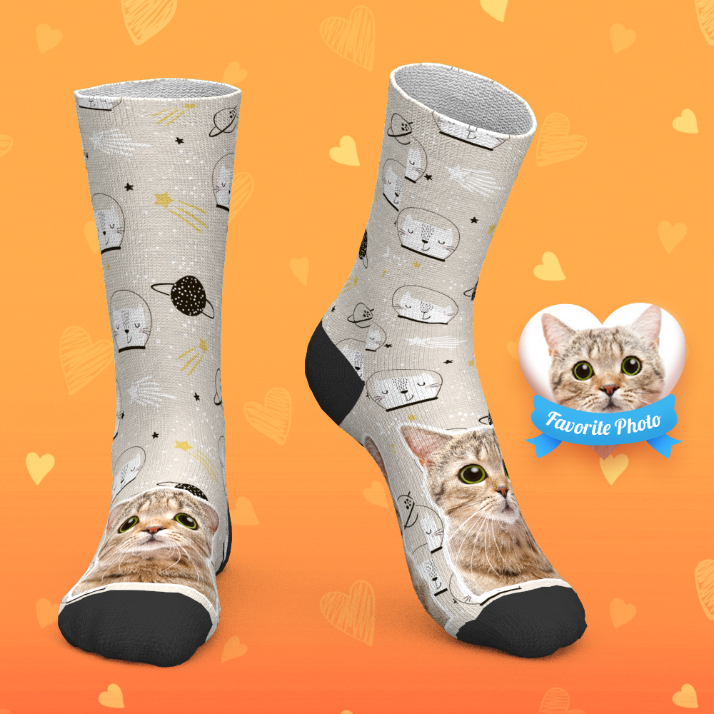 Chaussettes Personnalisées Chaussettes Personnalisées Pour Le Visage Ajouter Des Images Et Un Nom - Mignon Chaton Complet Du Corps - MaPhotocaleconFr
