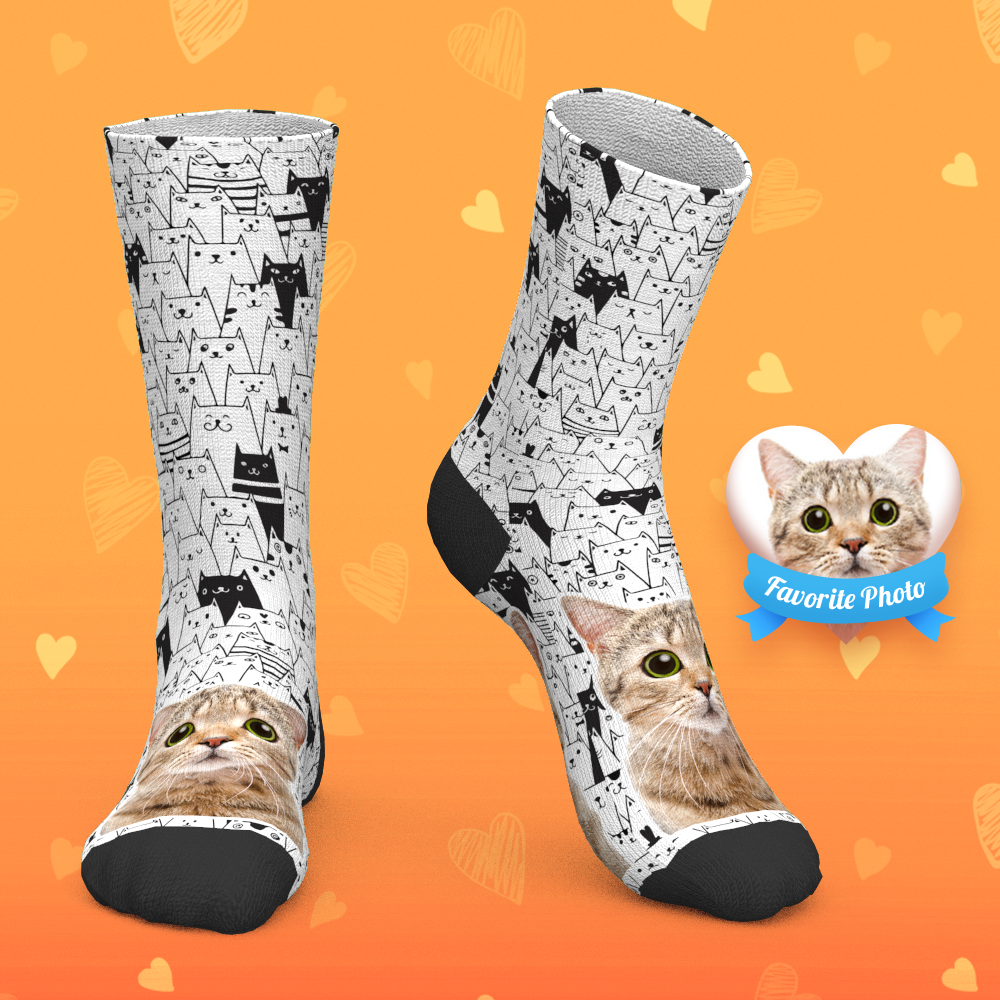 Chaussettes Personnalisées Chaussettes Personnalisées Pour Le Visage Ajouter Des Images Et Un Nom - Mignon Chaton Complet Du Corps - MaPhotocaleconFr