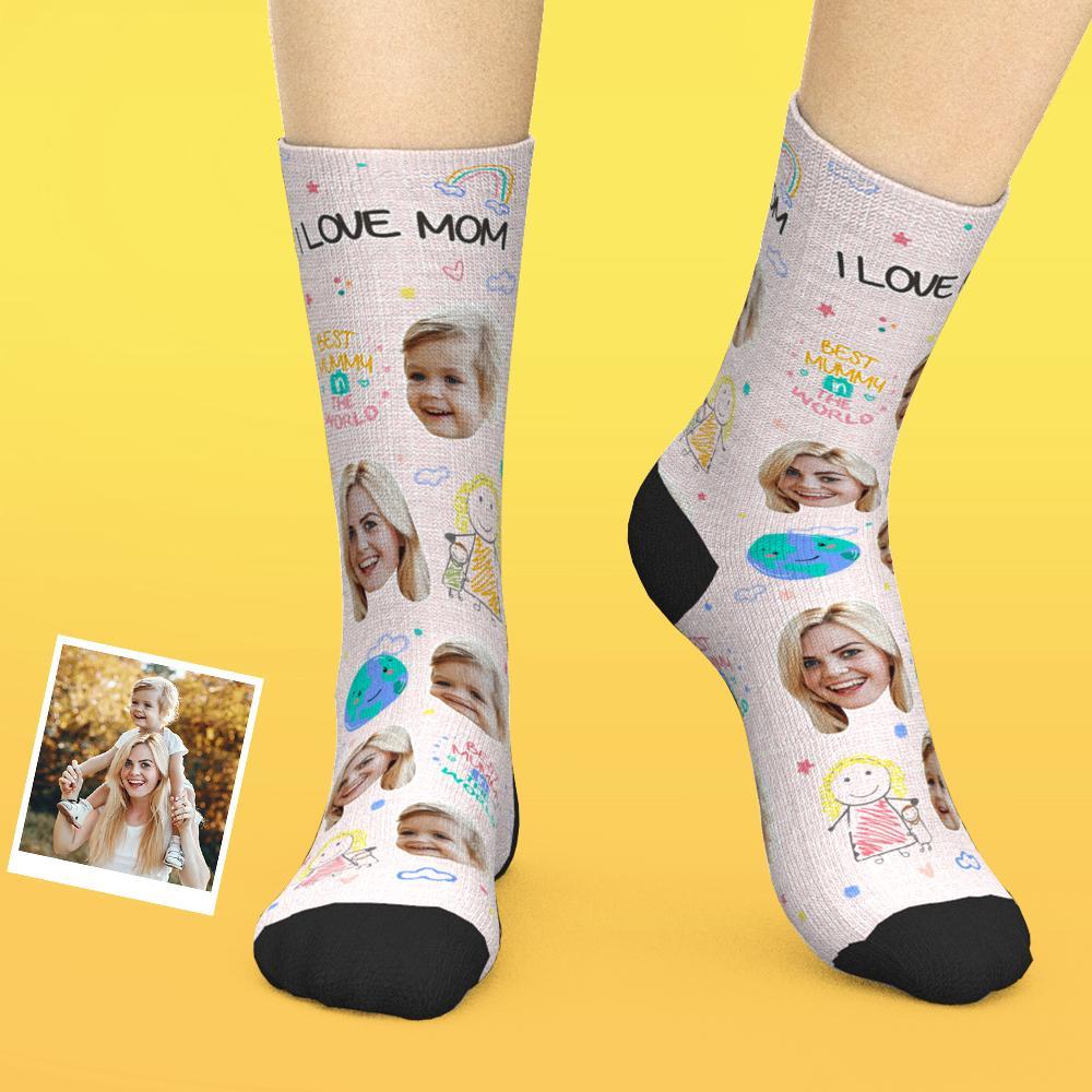 Chaussettes Personnalisées Pour Le Visage, Ajoutez Des Photos Et Nommez Le Cadeau De La Fête Des Mères - Meilleure Maman Du Monde - MaPhotocaleconFr