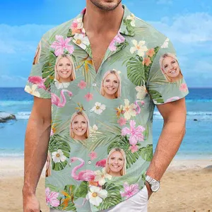 Photo Personnalisée Heure D'été Style Vert Clair Et Rose Personnalisé Personnalisé Unisexe Tropical Hawaïen Aloha Chemise Cadeau De Vacances D'été, Cadeau Pour Les Membres De La Famille - MaPhotocaleconFr