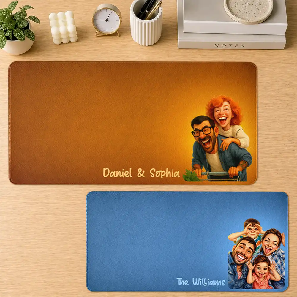 Photo Personnalisée Caricature Funny Portrait Family Pet Couples Besties, Tapis De Bureau En Cuir Personnalisé, Meilleur Cadeau Pour Papa