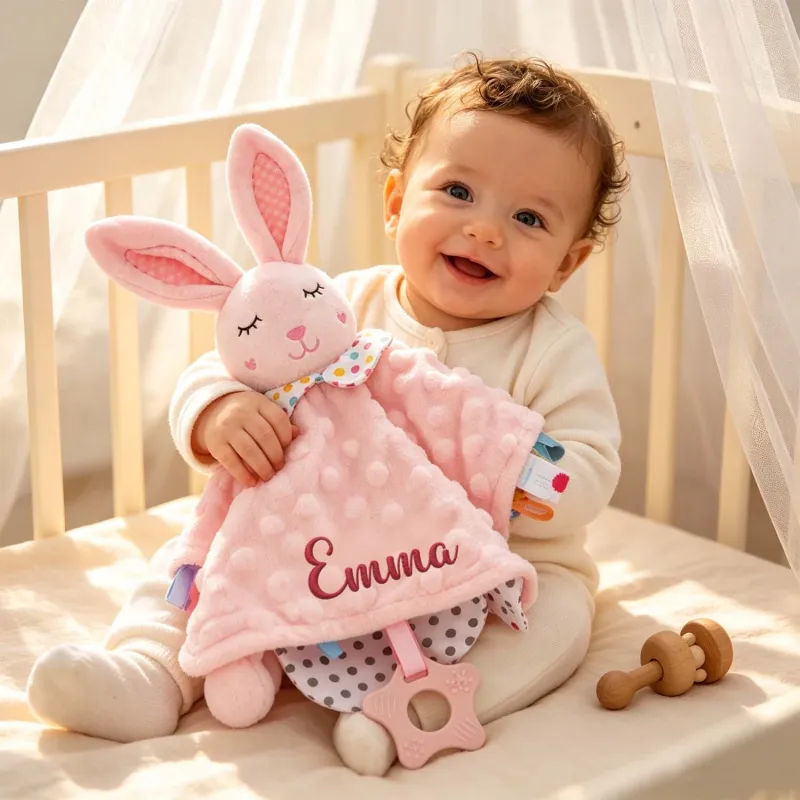 Couverture Doudou Bébé Animal avec Anneau de Dentition en Silicone et Rubans Sensoriels Personnalisation du Prénom en Option