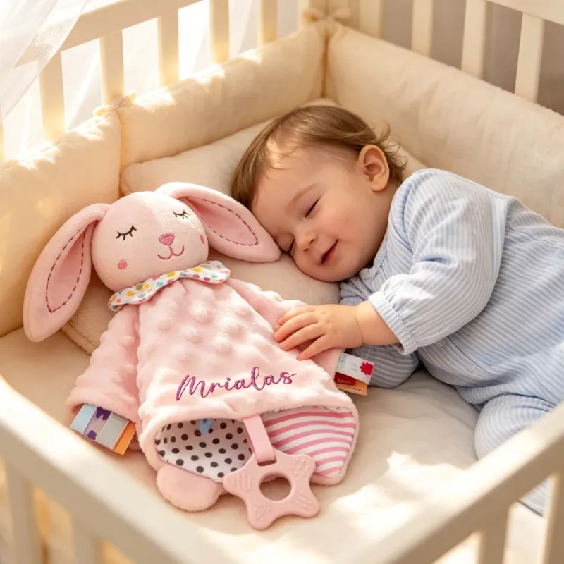 Couverture Doudou Bébé Animal avec Anneau de Dentition en Silicone et Rubans Sensoriels Personnalisation du Prénom en Option