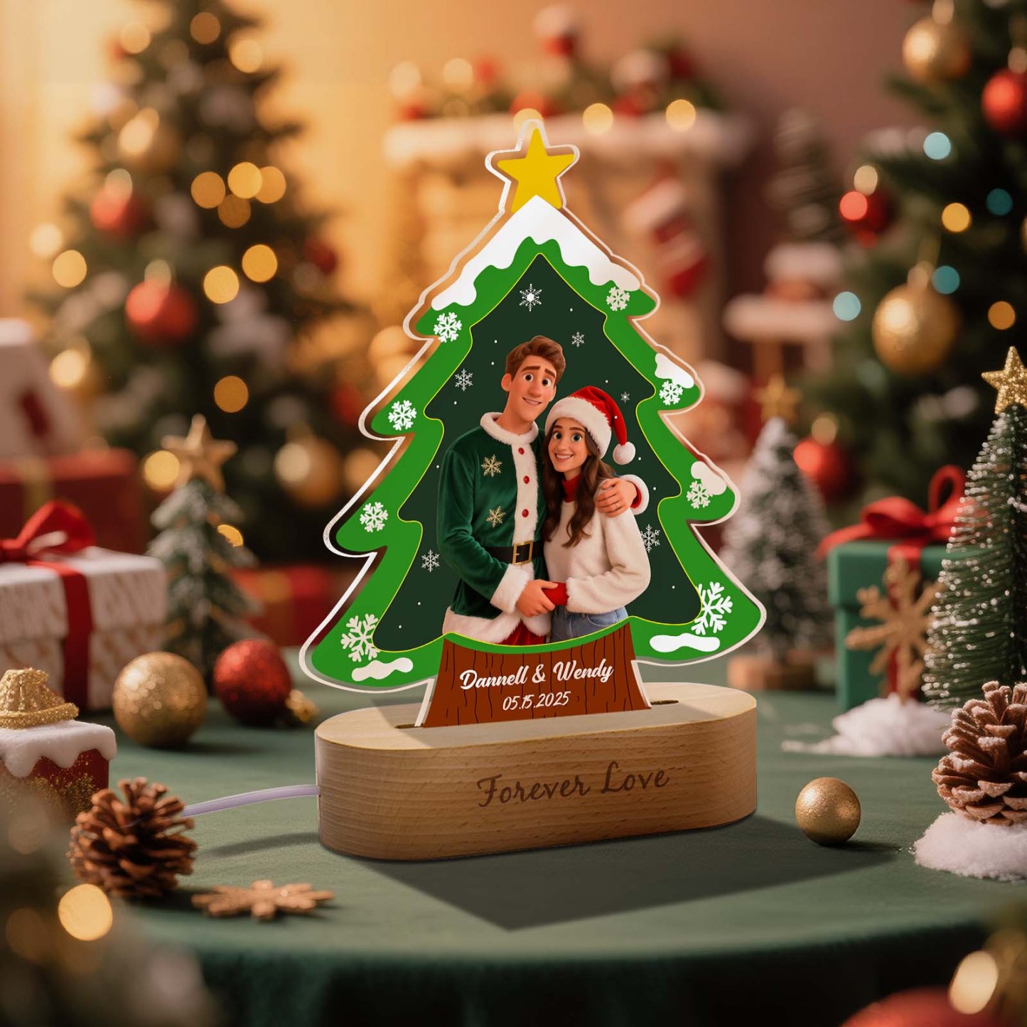 Veilleuse Sapin De Noël Personnalisée, Cadeau Gravé Avec Photo Style Dessin Animé, Cadeau De Noël Idéal Pour Un Couple Ou Une Famille. - MaPhotocaleconFr