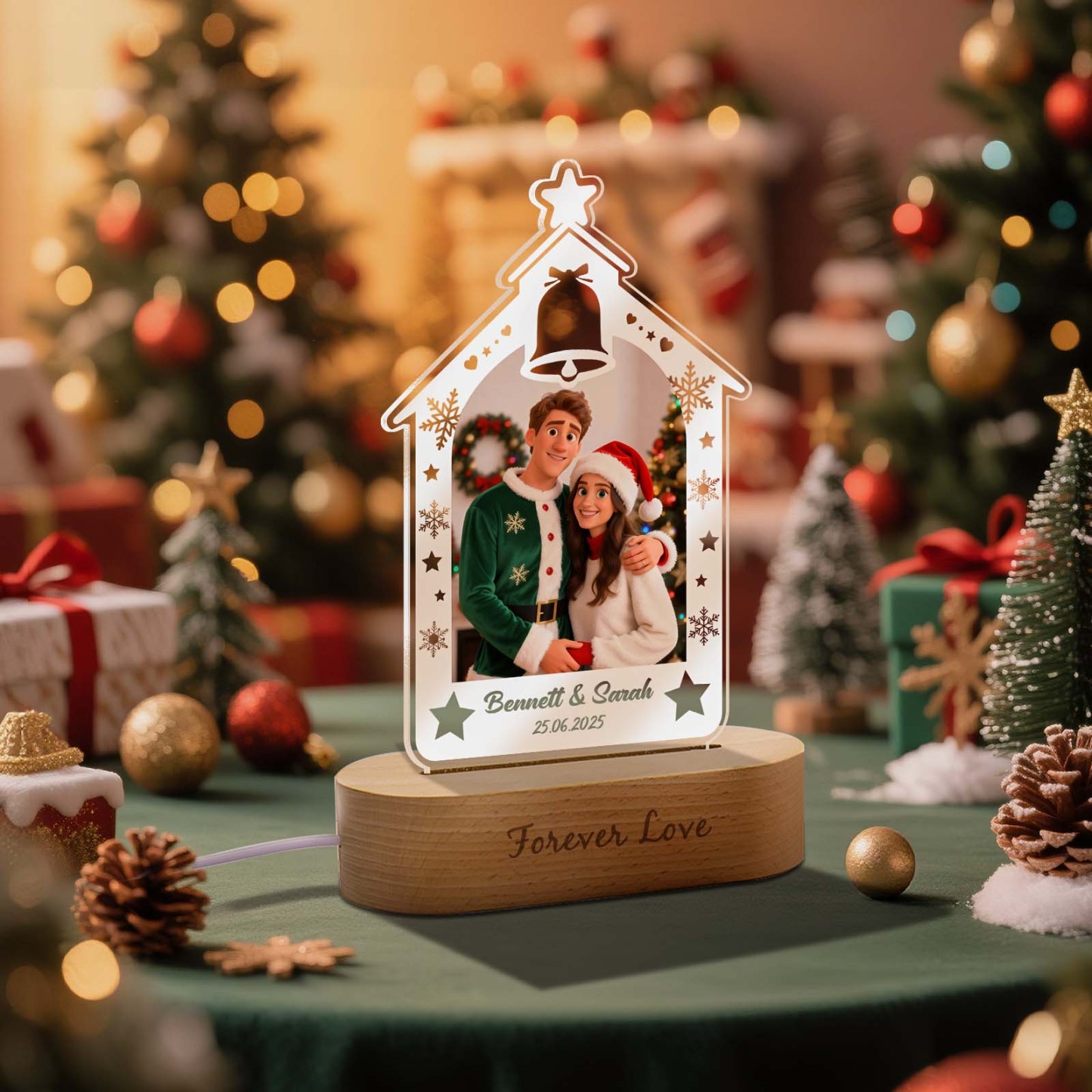 Veilleuse Sapin De Noël Personnalisée, Cadeau Gravé Avec Photo Style Dessin Animé, Cadeau De Noël Idéal Pour Un Couple Ou Une Famille. - MaPhotocaleconFr