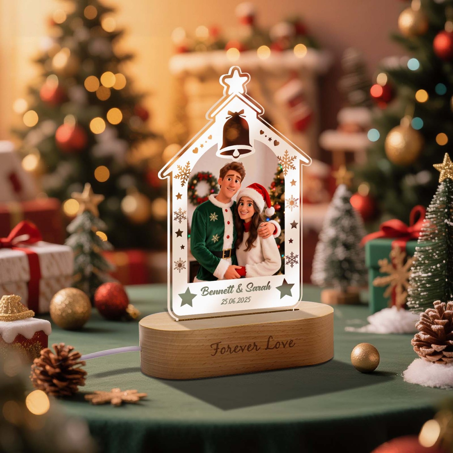 Veilleuse Sapin De Noël Personnalisée, Cadeau Gravé Avec Photo Style Dessin Animé, Cadeau De Noël Idéal Pour Un Couple Ou Une Famille. - MaPhotocaleconFr