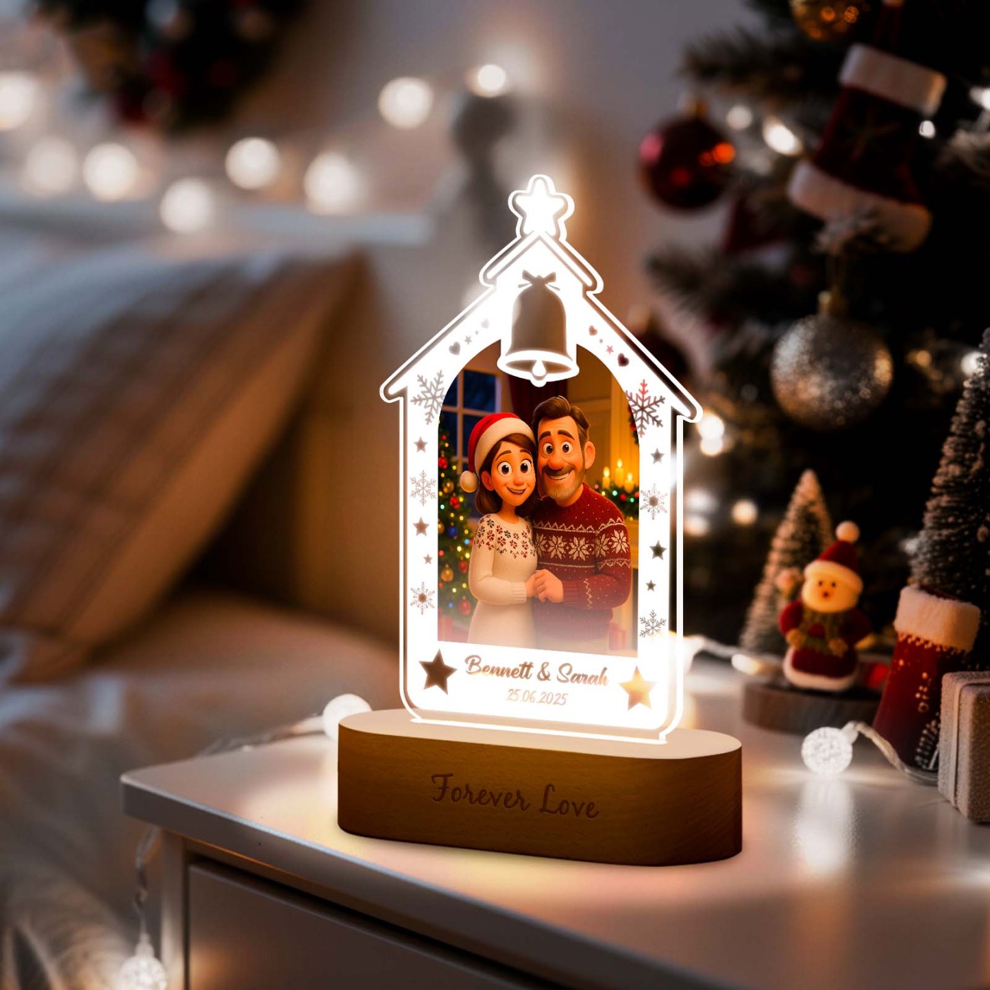 Veilleuse Sapin De Noël Personnalisée, Cadeau Gravé Avec Photo Style Dessin Animé, Cadeau De Noël Idéal Pour Un Couple Ou Une Famille. - MaPhotocaleconFr