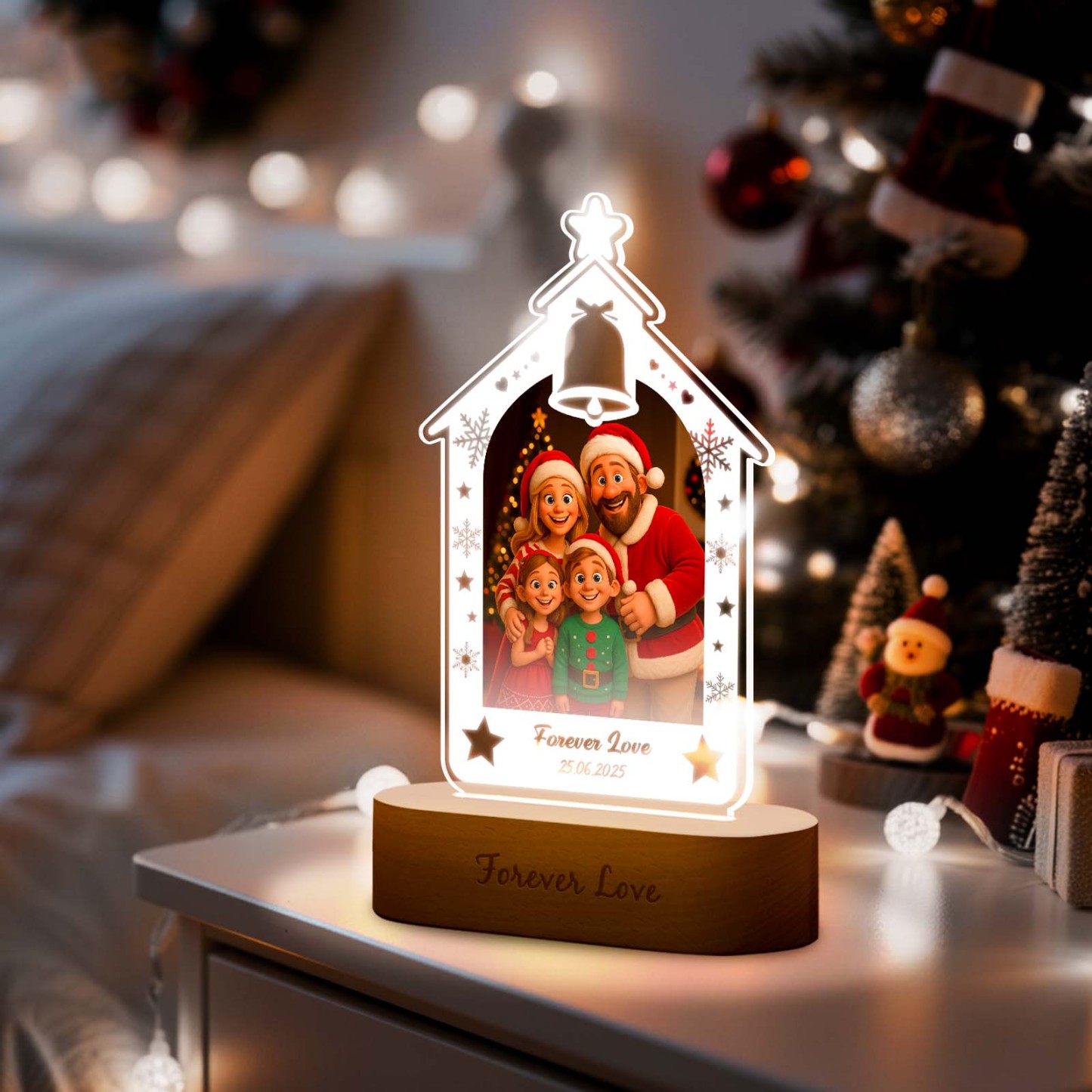 Veilleuse Sapin De Noël Personnalisée, Cadeau Gravé Avec Photo Style Dessin Animé, Cadeau De Noël Idéal Pour Un Couple Ou Une Famille. - MaPhotocaleconFr
