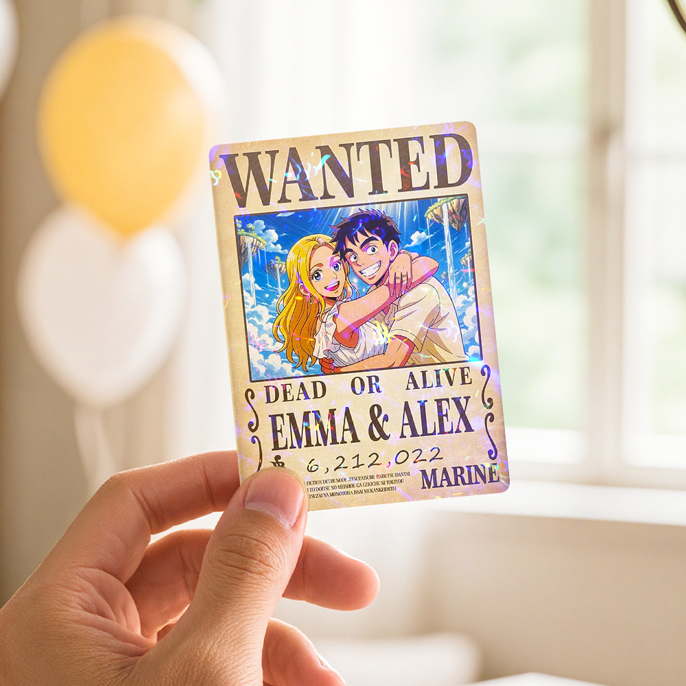 Carte De Jeu De Prime Personnalisée Avec Portrait De Couple D'anime, Carte De Prime Wanted Personnalisée Avec Feuille Holographique, Cadeau Unique Pour Les Couples Et Les Amis - MaPhotocaleconFr