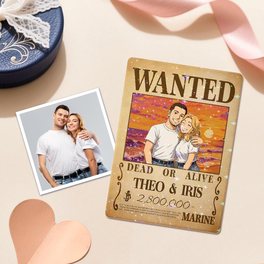 Carte De Jeu De Prime Personnalisée Avec Portrait De Couple D'anime, Carte De Prime Wanted Personnalisée Avec Feuille Holographique, Cadeau Unique Pour Les Couples Et Les Amis - MaPhotocaleconFr