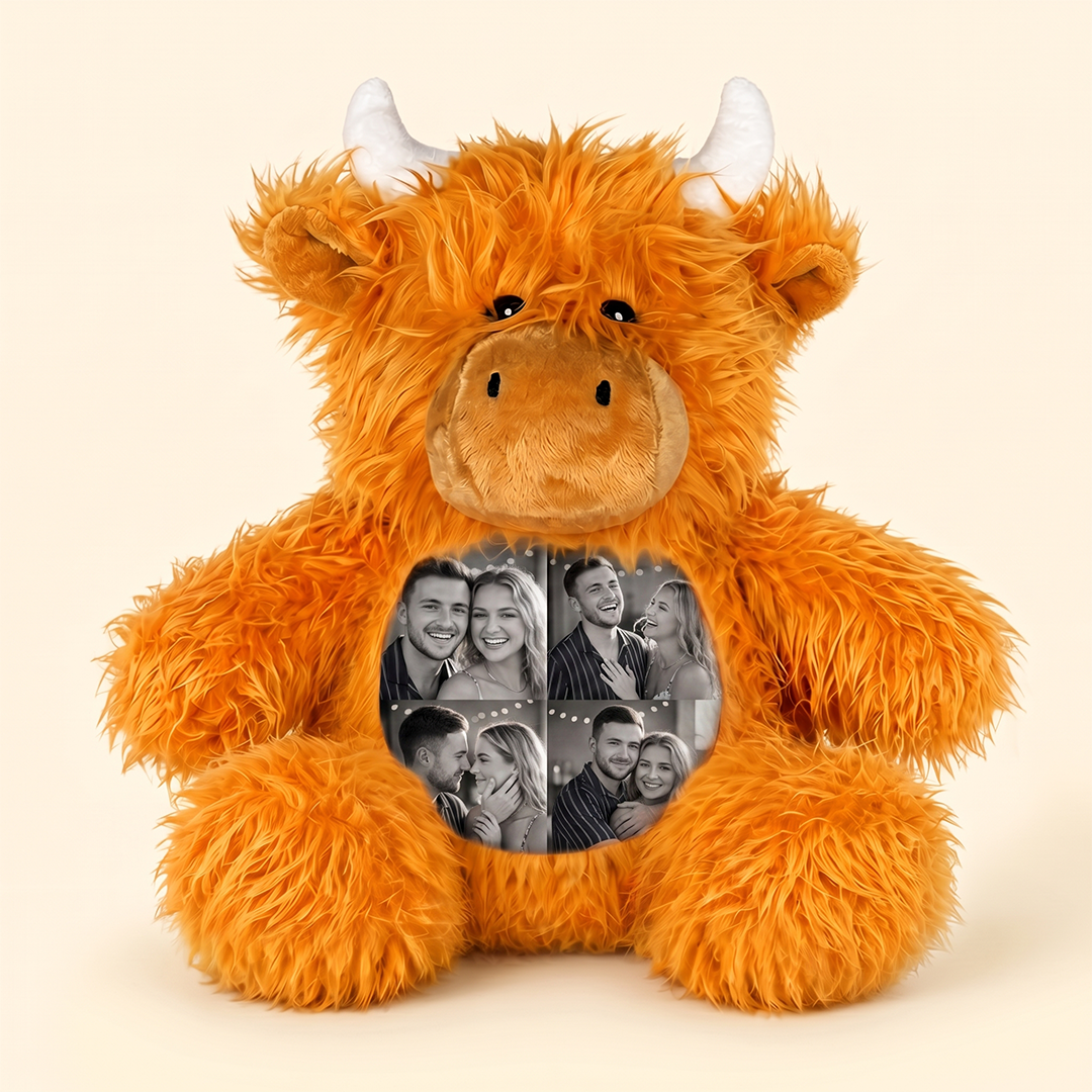 Photo Personnalisée Highland Cow Peluche, Collage D’images Personnalisé Highland Cow Peluche Animal, Peluche De Vache Moelleuse, Cadeau D’anniversaire De Couple Pour Elle Lui - MaPhotocaleconFr