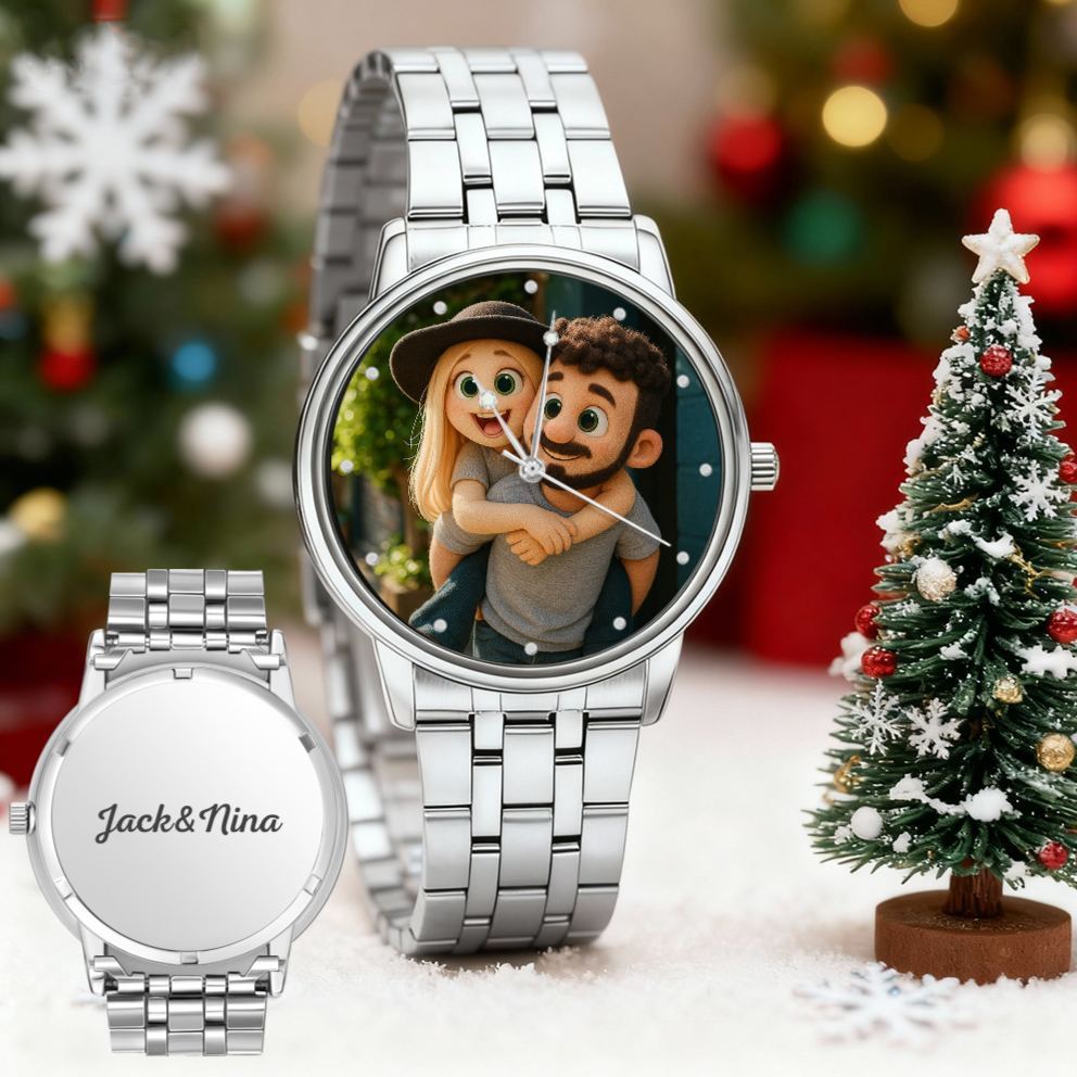 Montre Personnalisée Avec Portrait En Peluche Style Pixar | Montre Photo De Dessin Animé Personnalisée | Cadeau Unique Pour La Famille, Le Couple, Les Amis - MaPhotocaleconFr
