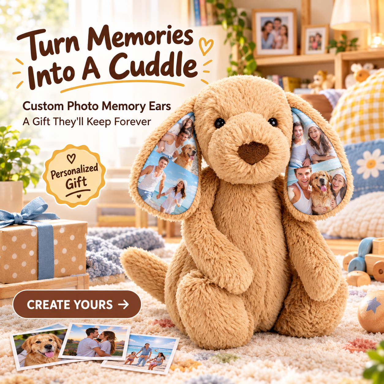 Photo Personnalisée En Peluche Chien Personnalisé Chiot En Peluche Avec Oreilles à Mémoire, Cadeau De Collage Unique Pour Les Enfants - MaPhotocaleconFr