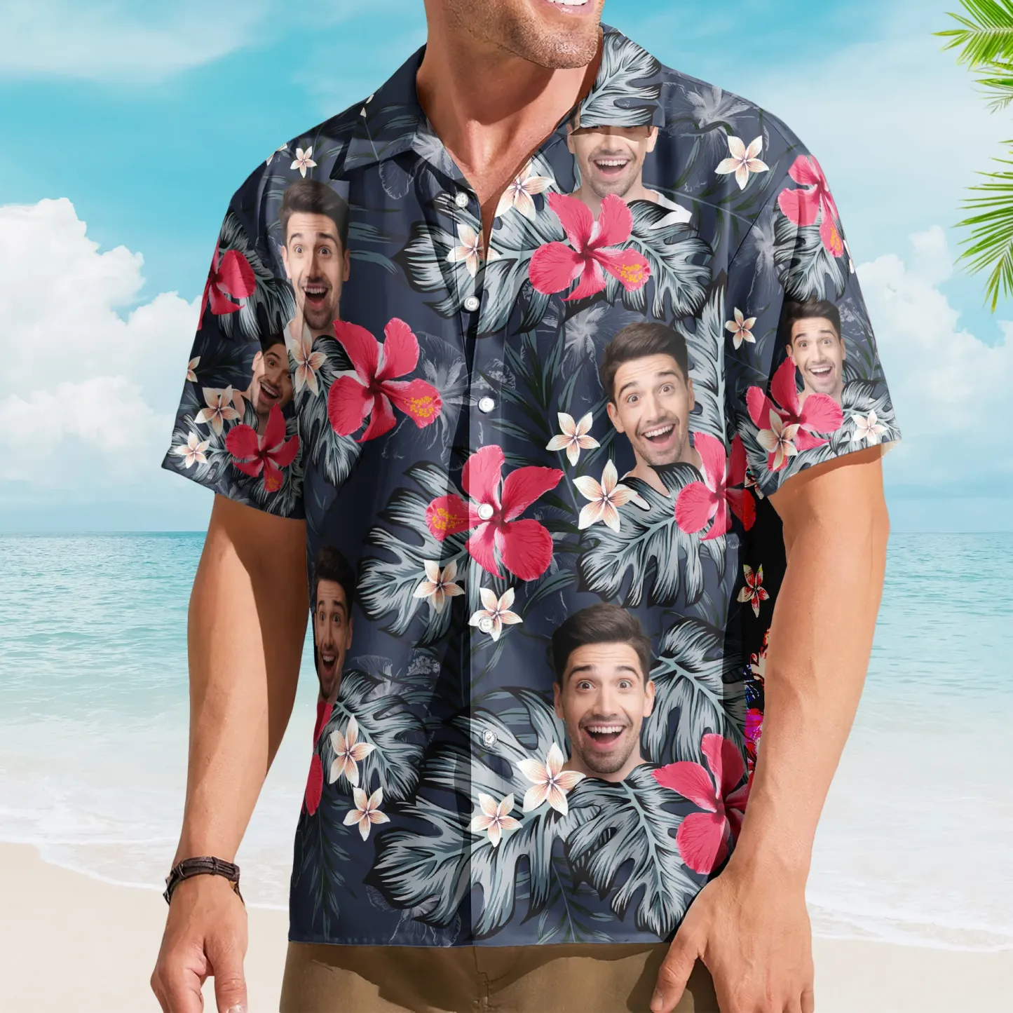 Photo Humoristique Personnalisée Pour Homme, Mari Hibiscus Rouge - T-shirt Hawaïen Personnalisé