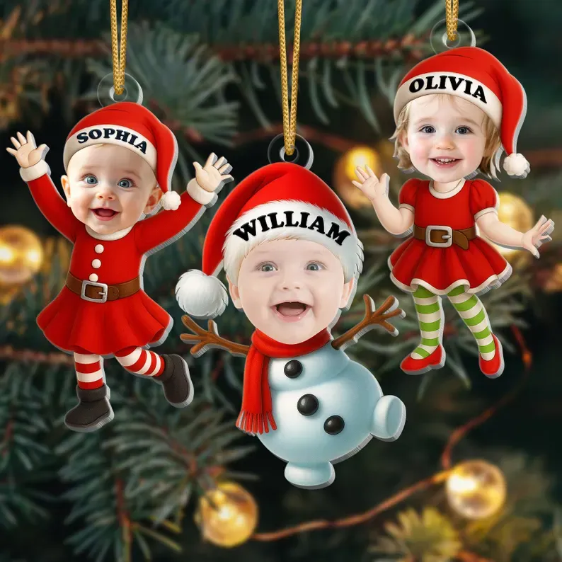 Décoration De Noël Personnalisée Pour Bébé Avec Photo Représentant Le Père Noël, L'elfe Et Le Pain D'épices - MaPhotocaleconFr