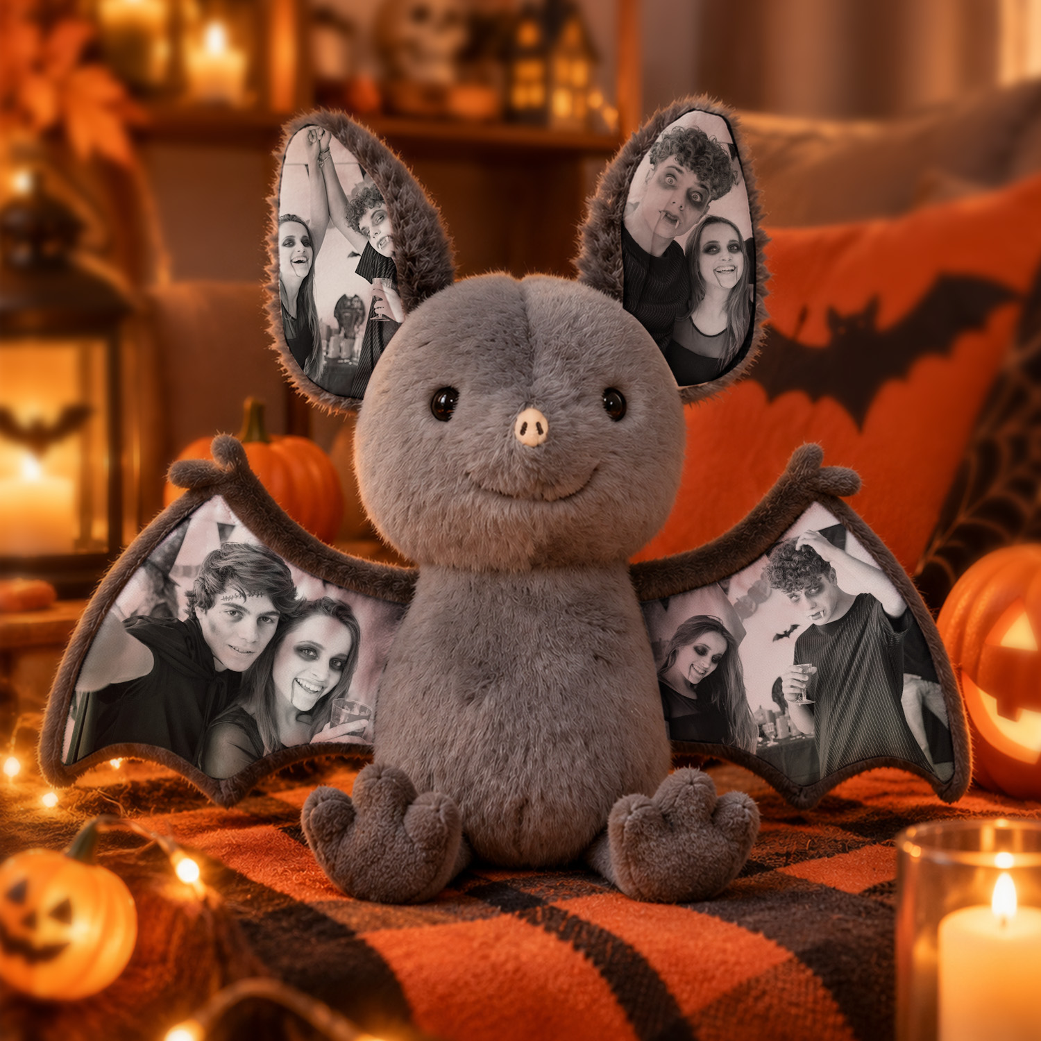 Jouet En Peluche De Chauve-souris Photo Personnalisé, Animal En Peluche Oreilles Et Ailes D’image Personnalisées, Cadeau De Couple D’Halloween Effrayant, Décor De Peluche De Mémoire Photo Personnalisée - MaPhotocaleconFr