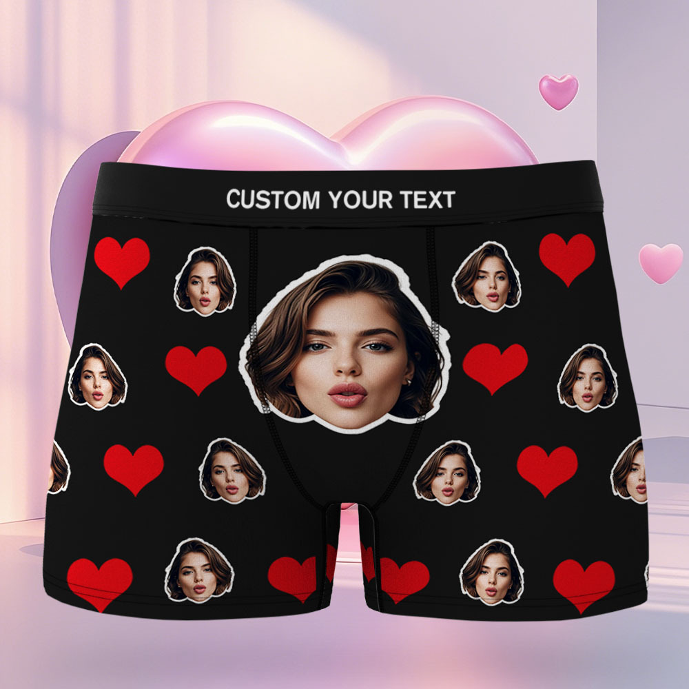 Benutzerdefinierte Herren-boxershorts Mit Rotem Herz, Boxershorts Mit Gesicht, Personalisierte Boxershorts Mit Weißem Gesicht, Valentinstag-unterwäsche-geschenk - DePhotoBoxer