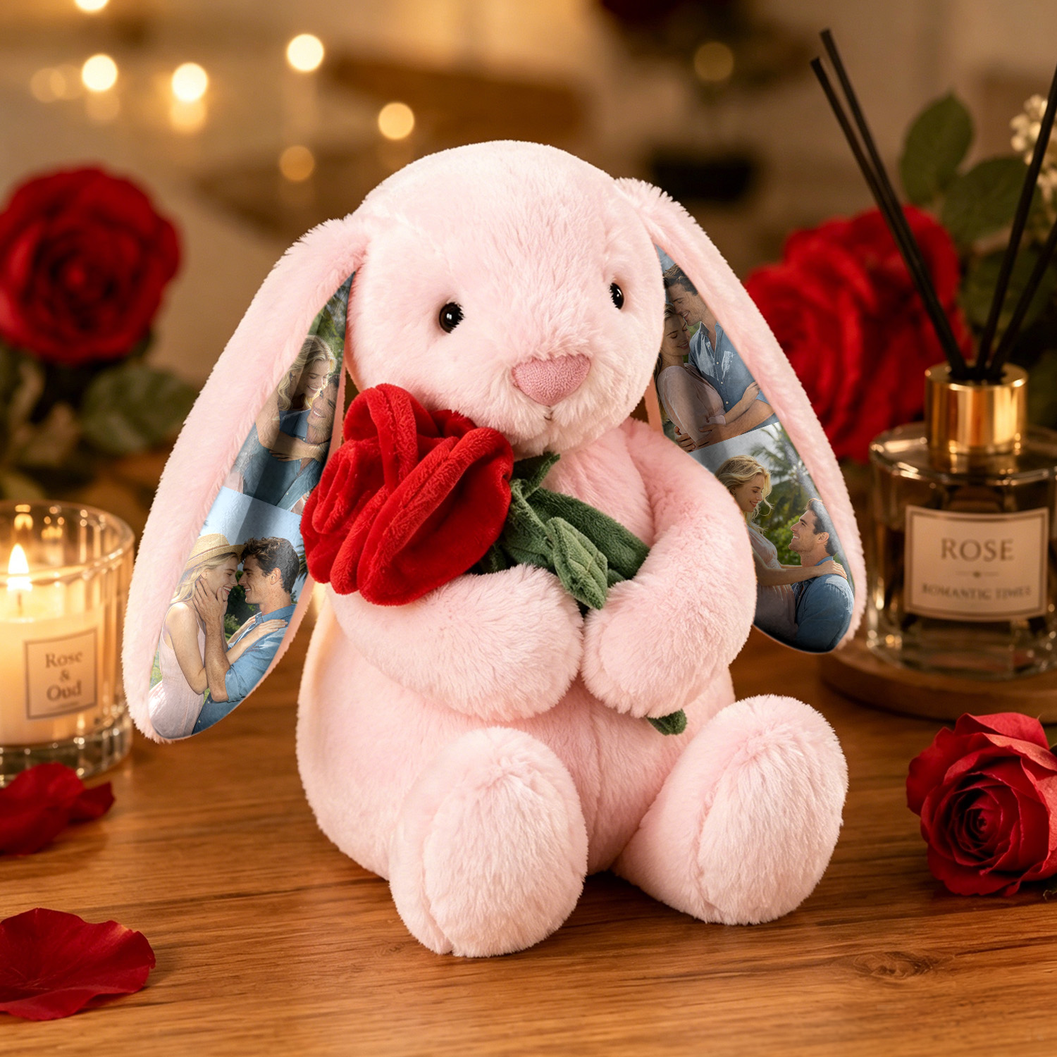Individuelles Foto, Rote Rose, Hase, Plüsch, Personalisierbar, Bild Mit Verstecktem Ohr, Hasen-Geschenk Für Paare, Jahrestagsgeschenke - DePhotoBoxer