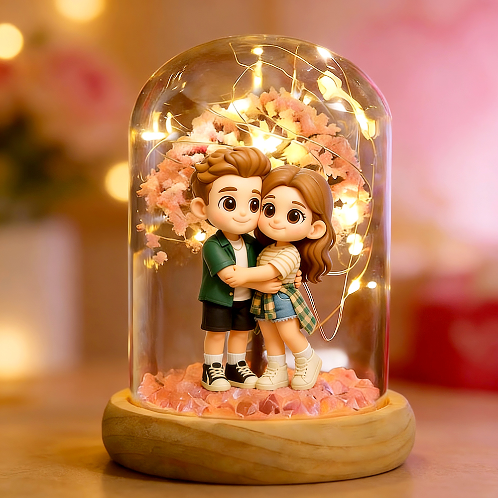 Personalisierte 3d-pärchenfigur In Kirschblüten-lichterflasche, Romantisches Erinnerungsgeschenk Nach Maß, Perfektes Valentinstagsgeschenk Für Paare - DePhotoBoxer