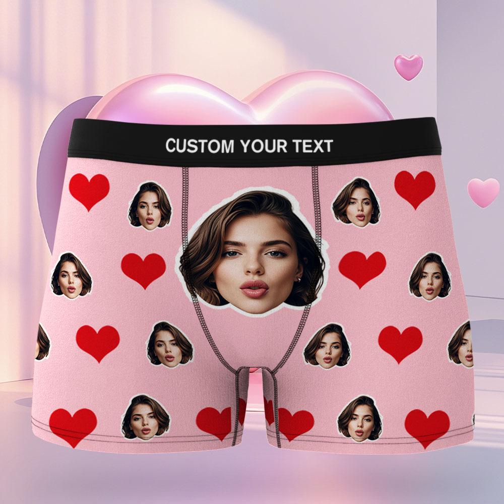Benutzerdefinierte Herren-boxershorts Mit Rotem Herz, Boxershorts Mit Gesicht, Personalisierte Boxershorts Mit Weißem Gesicht, Valentinstag-unterwäsche-geschenk - DePhotoBoxer