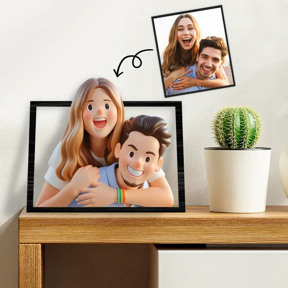 Personalisierter Bilderrahmen aus Holz im Cartoon-Spielzeug-Stil als Geschenk für Paare