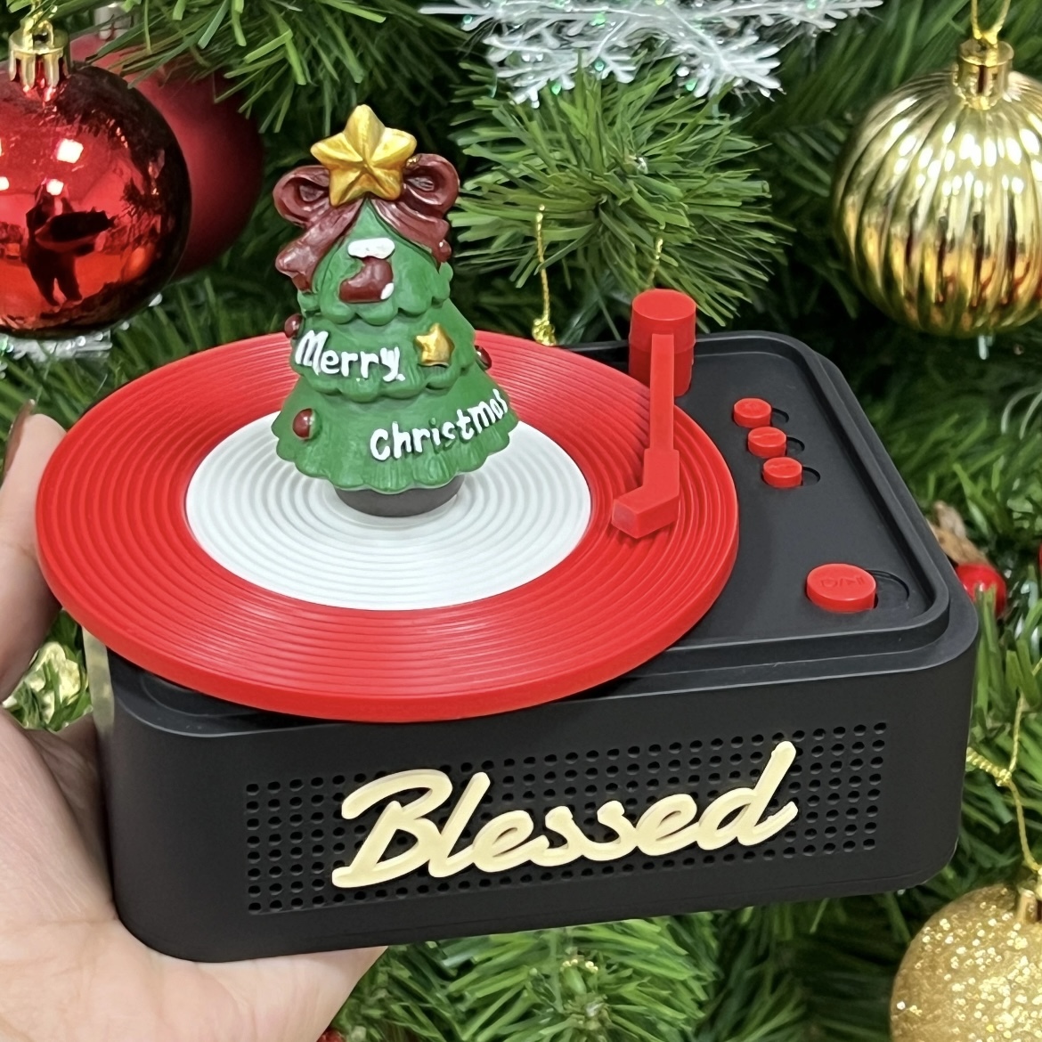 Weihnachtlicher Retro-plattenspieler Mit Bluetooth-lautsprecher | Drehbarer Weihnachtsbaumschmuck | Festliches Geschenk Mit Musik Und Licht