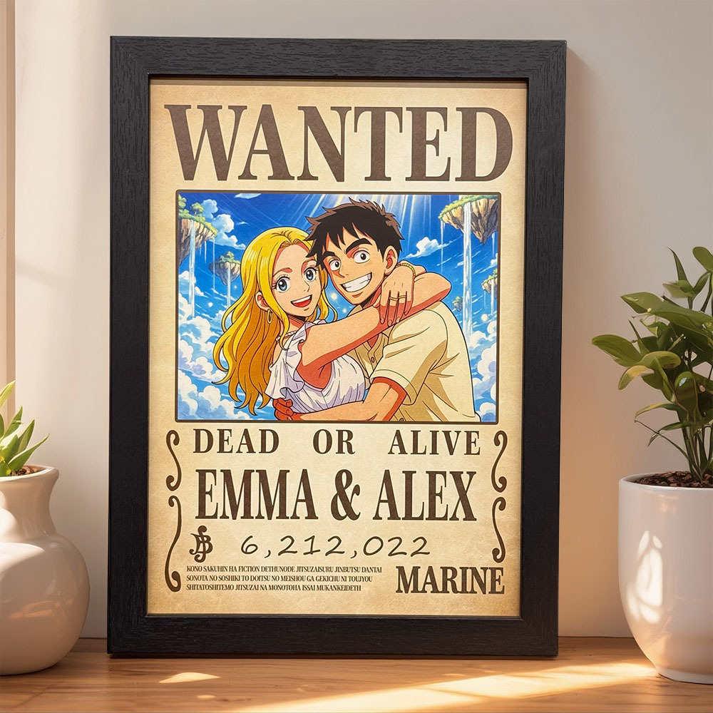 Personalisiertes Anime Bounty Paar Portrait Personalisiertes Anime Style Wanted Poster Portrait Einzigartiges Kapitänspaar Portrait