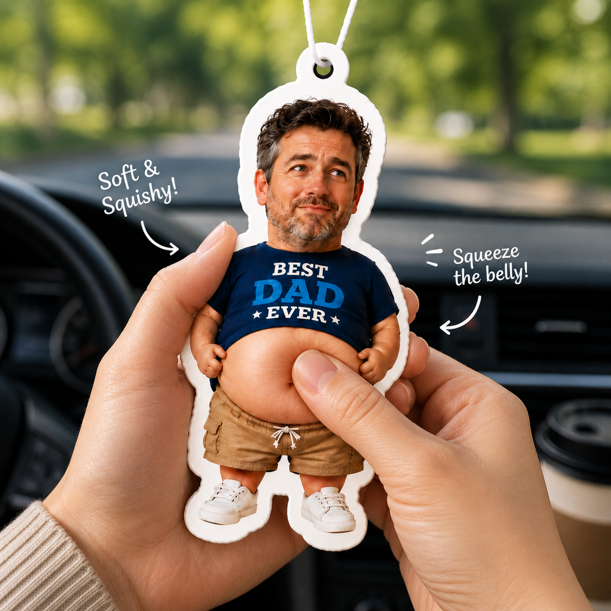 Benutzerdefinierter Papa-Bauch-Squishy-Lufterfrischer vom Foto, personalisiertes, lustiges, duftendes Auto-Hängeornament, Geschenk zum Vatertag