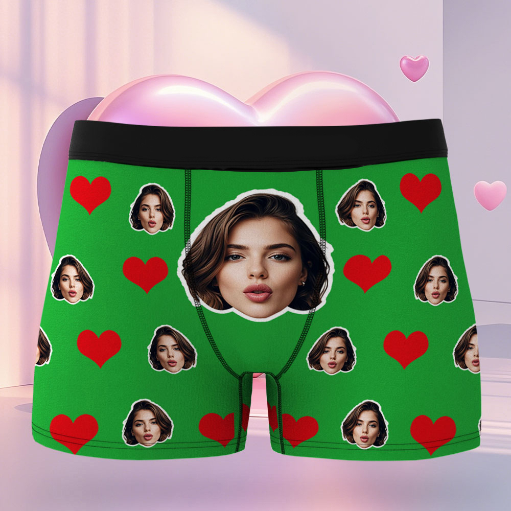 Benutzerdefinierte Herren-boxershorts Mit Rotem Herz, Boxershorts Mit Gesicht, Personalisierte Boxershorts Mit Weißem Gesicht, Valentinstag-unterwäsche-geschenk - DePhotoBoxer