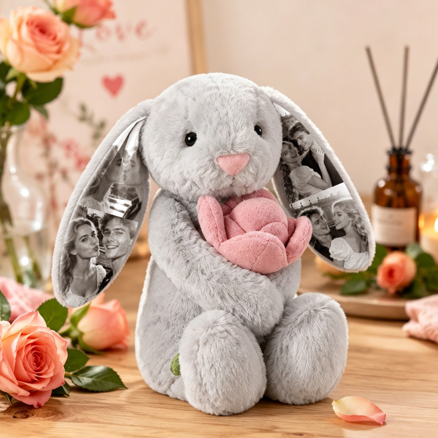 Individuelles Foto, Rote Rose, Hase, Plüsch, Personalisierbar, Bild Mit Verstecktem Ohr, Hasen-Geschenk Für Paare, Jahrestagsgeschenke - DePhotoBoxer