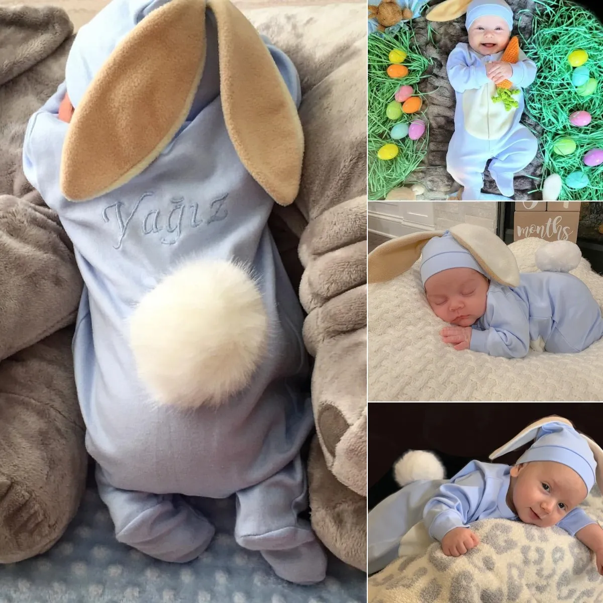 Personalisierter Hasen-strampler Mit Individuellem Namen Für Babys, Handbesticktes Osteroutfit, Babygeschenk