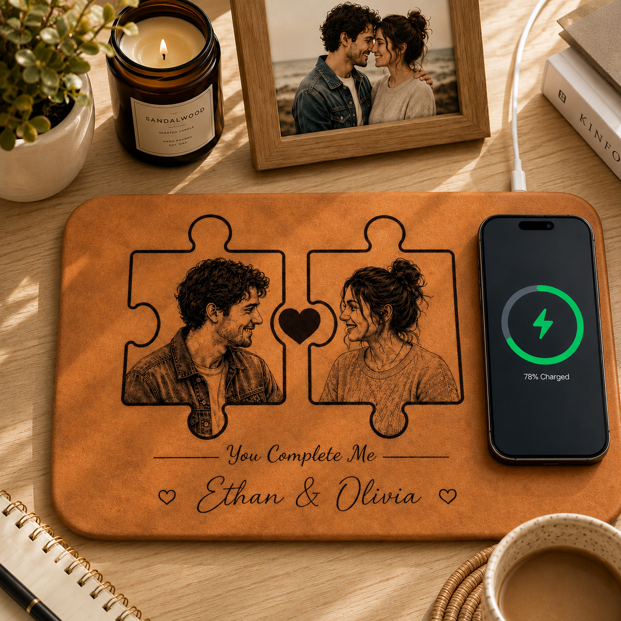 Personalisiertes Kabelloses Ladepad Vom Foto, Individuelles Paar-Puzzle-Design, Graviertes Leder-Handy-Ladegerät, Jubiläumsgeschenk Für Sie Und Ihn