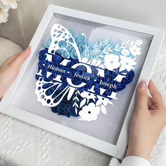 Personalisierte Schmetterlingsversion Blumenschattenbox - Geschenk Für Mama Benutzerdefinierte Kindernamen - DePhotoBoxer