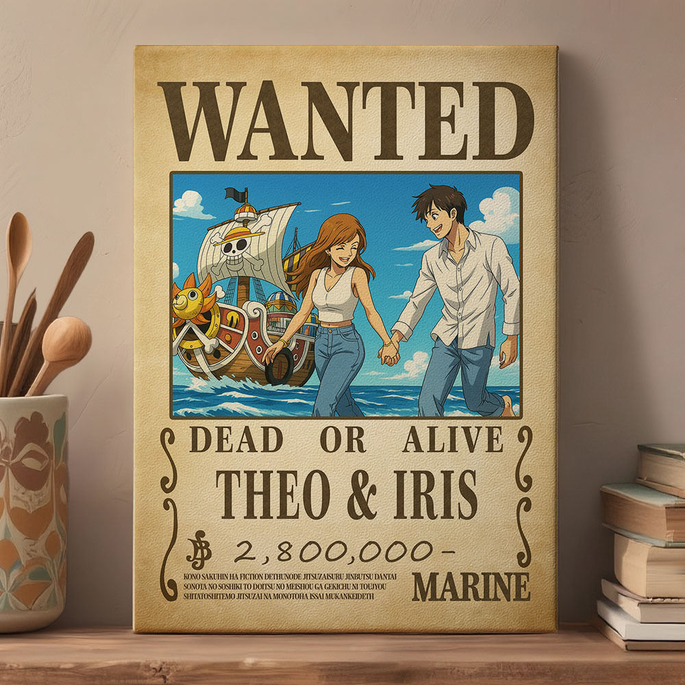 Personalisiertes Anime Bounty Paar Portrait Personalisiertes Anime Style Wanted Poster Portrait Einzigartiges Kapitänspaar Portrait